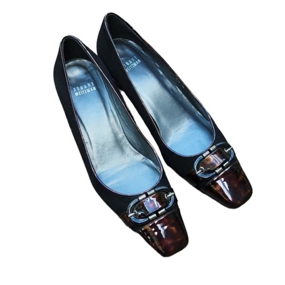 Stuart Weitzman wedge flat brown marble patent and black suede vintage Sz 9M - Picture 1 of 15